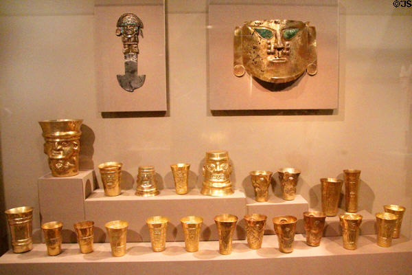 Collection of gold Sicán-culture ceremonial masks, knives (tumi) & beakers (900-1100) from north coast, Peru at Dallas Museum of Art. Dallas, TX.