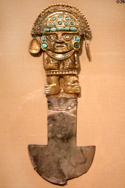 Gold Sicán-culture ceremonial knife (tumi) (900-1100) from north coast, Peru at Dallas Museum of Art. Dallas, TX.