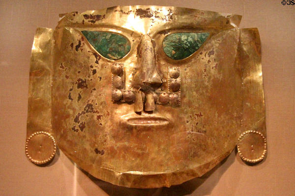 Gold Sicán-culture ceremonial mask (900-1100) from north coast, Peru at Dallas Museum of Art. Dallas, TX.