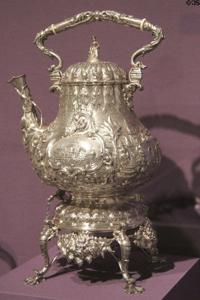Silver kettle-on-stand (c1850) by Augustus Rogers Workshop, Boston, MA at Dallas Museum of Art. Dallas, TX.