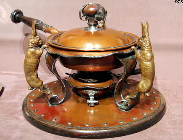 Copper & silver chafing dish with rabbits (1904) by Joseph Heinrich for retailer Cowell & Hubbard at Dallas Museum of Art. Dallas, TX.