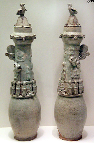 Yuan dynasty Chinese green-glazed stoneware funerary urns (1271-1368) at Dallas Museum of Art. Dallas, TX.