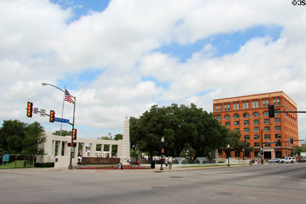 Dealey Plaza with former Texas School Book Depository building (intersection of Elm & Houston Sts.). Dallas, TX. On National Register.