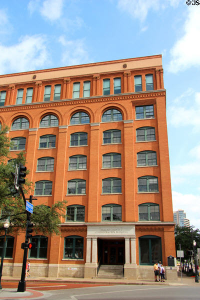 Former Texas School Book Depository building (1903) from which President John F. Kennedy was shot on Nov. 22, 1963 & which now houses The Sixth Floor Museum at Dealey Plaza. Dallas, TX. On National Register.