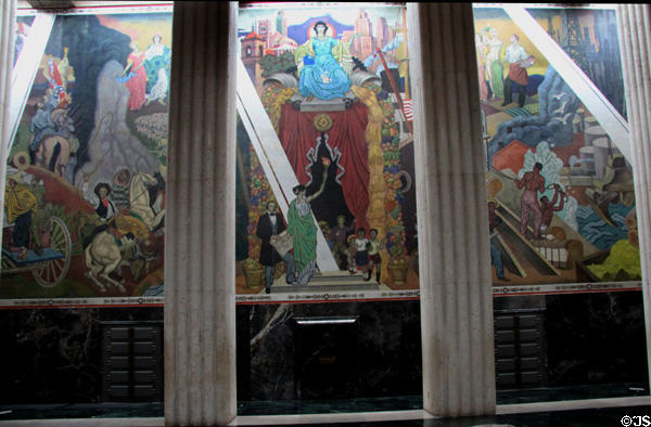 Texas History mural (1936) by Eugene Savage shows events from 1500s to 1936 with great beams of light dividing the time periods in Great Hall of State at Fair Park. Dallas, TX.