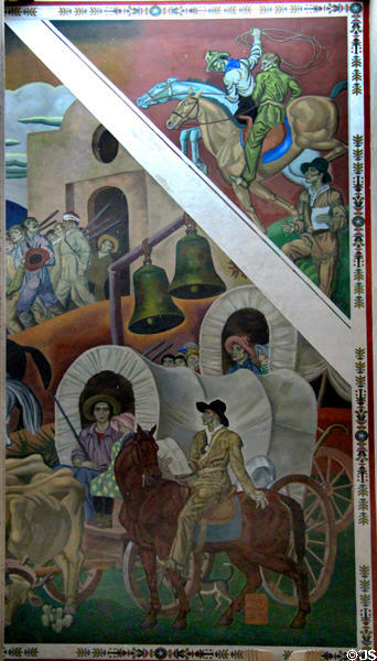 Early settlement section of Texas History mural in Great Hall of State at Fair Park. Dallas, TX.