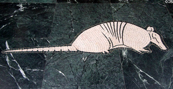 Ninebanded Armadillo limestone floor mosaic detail in Great Hall of State at Fair Park. Dallas, TX.