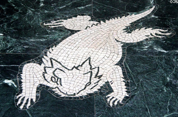 Texas Horned Lizard limestone floor mosaic detail in Great Hall of State at Fair Park. Dallas, TX.
