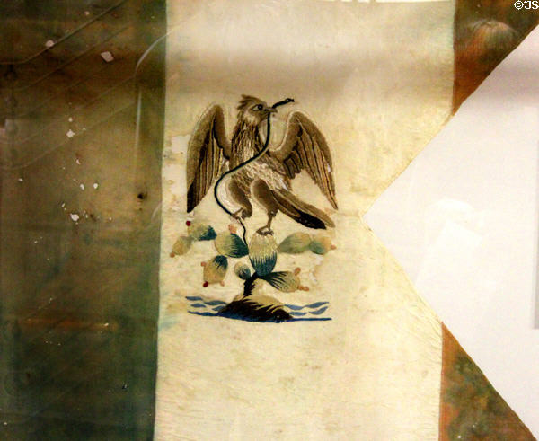 Mexican general staff flag captured at Battle of San Jacinto (April 21, 1836) at Dallas Historical Society Museum in Hall of State in Fair Park. Dallas, TX.