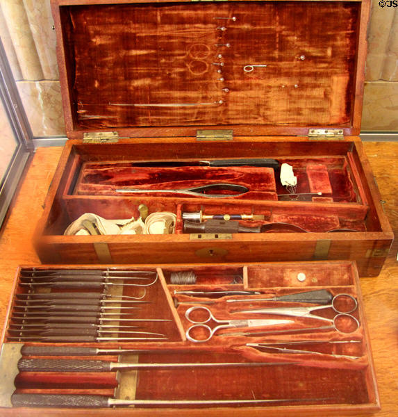 Civil War surgical instruments used by Dr. T.B. McCurdy of Lancaster, TX at Dallas Historical Society Museum in Hall of State in Fair Park. Dallas, TX.