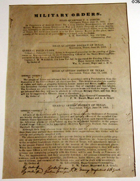 Original copy of Juneteenth military orders freeing Texas slaves (June 19, 1865) at Dallas Historical Society Museum in Hall of State in Fair Park. Dallas, TX.