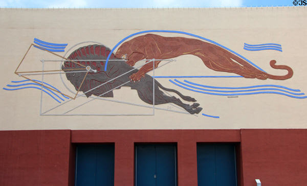 Cougar & Bison mural by Pierre Bourdelle on Centennial Hall of Texas Centennial Exposition building (1936) at Fair Park. Dallas, TX.