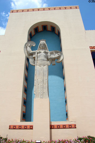 Spain six flags Art Deco statue (1936) by Lawrence Tenney Stevens at Centennial Hall at Fair Park. Dallas, TX.