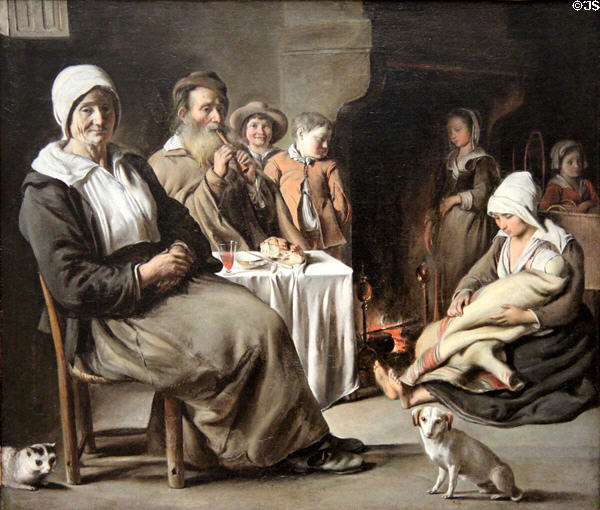 Peasant Interior with an Old Flute Player painting (c1642) by Louis (or Antoine?) Le Nain at Kimbell Art Museum. Fort Worth, TX.