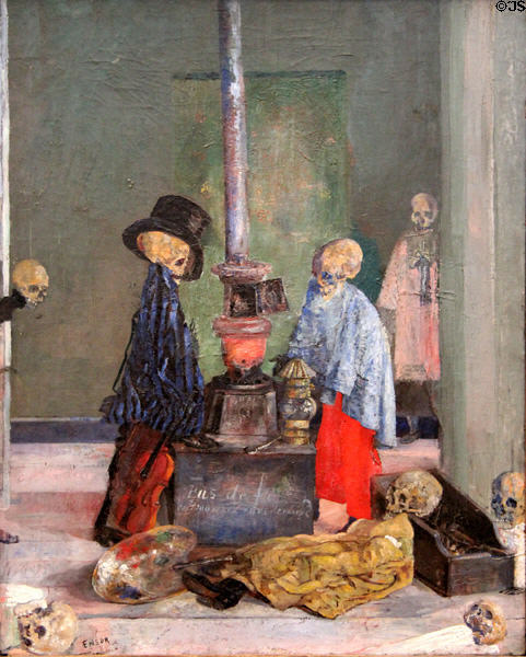 Skeletons Warming Themselves painting (1889) by James Ensor at Kimbell Art Museum. Fort Worth, TX.