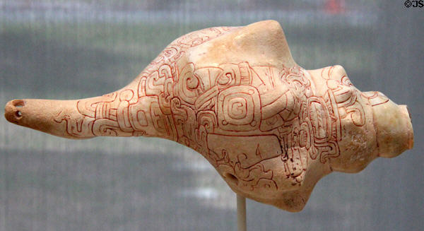 Mayan conch shell trumpet engraved with cinnabar (250-400) from Guatemala at Kimbell Art Museum. Fort Worth, TX.