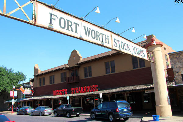 Fort Worth Stock Yards gateway sign (1910) now an historic landmark. Fort Worth, TX.