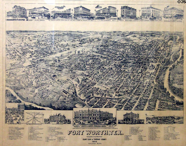 Graphic (1886) with aerial view of Fort Worth at Stockyards Museum. Fort Worth, TX.