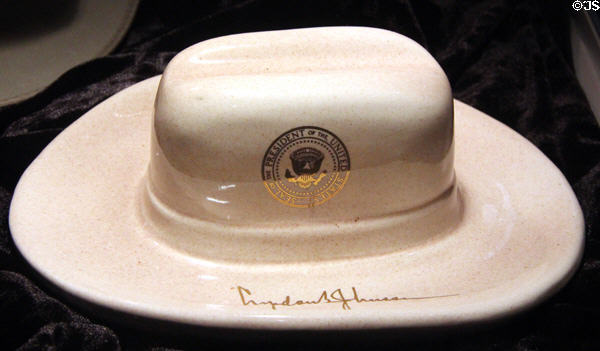 LBJ porcelain memorabilia in shape of western hat with seal of the President of the United States & LBJ signature at LBJ Museum. San Marcos, TX.