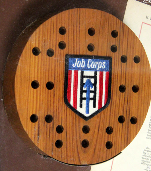 Badge of Job Corps on pen holder, a still existing federal program, intiated by the Johnson administration as part of the War on Poverty, at LBJ Museum. San Marcos, TX.