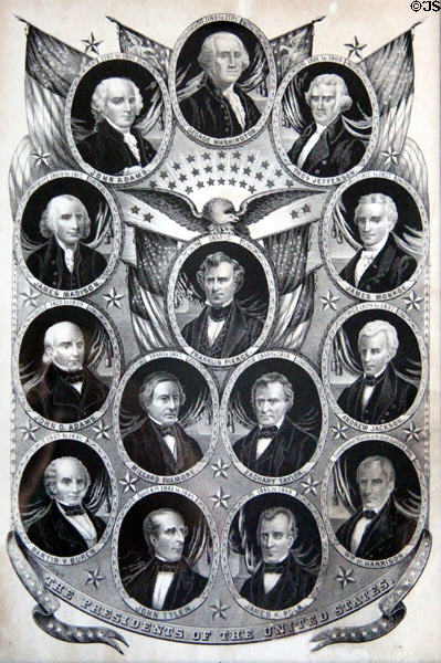 Poster with portraits of U.S. Presidents (c1853) at John Jay French Museum. Beaumont, TX.