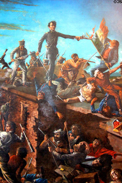 Detail of Dawn at the Alamo (March 6, 1836) painting (1898) by H.A. McArdle at Texas State Capitol. Austin, TX.