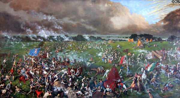 Battle of San Jacinto (April 21, 1836) painting (1898) by H.A. McArdle in Senate chamber at Texas State Capitol. Austin, TX.