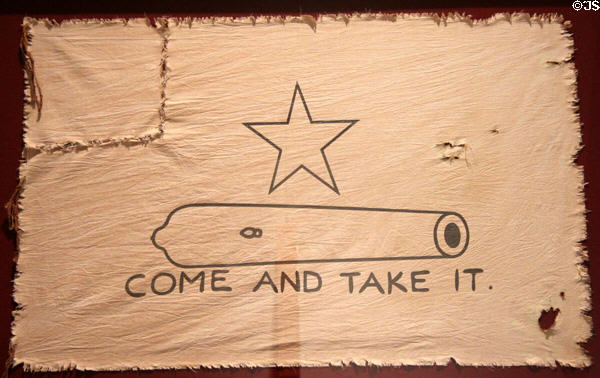 The Gonzales Come and Take It flag (Sept., 1835) flown by Texans who fought off Mexicans trying to disarm them at Capitol Visitors Center. Austin, TX.