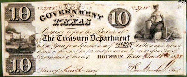 Republic of Texas $10 signed by President Sam Houston on his last day in office (Dec. 10, 1838) at Capitol Visitors Center. Austin, TX.