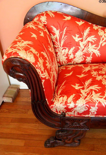 Empire-style sofa (c1830-50) with carved swans neck arm (probably made in South in imitation of Northeastern style) at Neill-Cochran House Museum. Austin, TX.