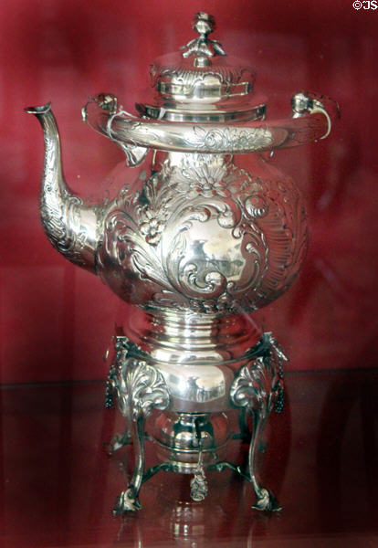 Silver teapot & heating stand at Neill-Cochran House Museum. Austin, TX.
