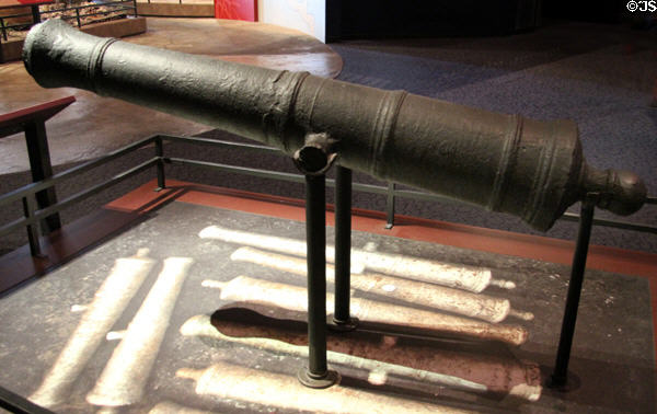Cast-iron cannon from Fort St. Louis (c1684) (lent: TX Historical Commission) at Bullock Texas State History Museum. Austin, TX.