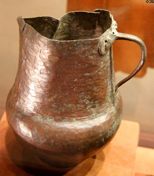 Copper pot chocolatera (c1725-49) used by priests to make chocolate to help Christianize native tribes at Bullock Texas State History Museum. Austin, TX.