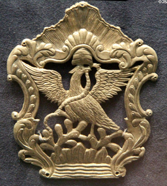 Mexican shako insignia of lancer in Santa Anna's army (c1830s) (lent: private collection) at Bullock Texas State History Museum. Austin, TX.