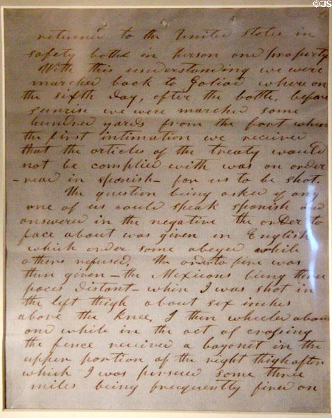 Petition (1852) by Isaac Hamilton for payment of services at battle of Goliad (Mar. 27, 1836) at Bullock Texas State History Museum. Austin, TX.