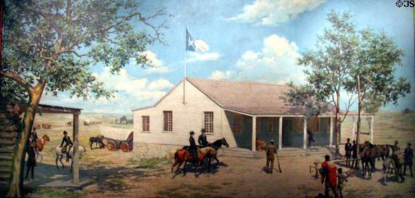 Independence Hall at Washington-on-the Brazos painting (cd1852) attrib Charles L. Smith (lent: Bank of America) at Bullock Texas State History Museum. Austin, TX.