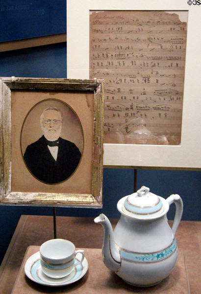 Simon Menger portrait (c1860), waltz by Menger (1863) & family coffee pot (c1840s) (lent: Menger family collection) at Bullock Texas State History Museum. Austin, TX.