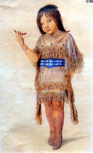 Plains Indian Girl with Melon watercolor (c1851-7) by Friedrich Petri (lent: U/TX Austin) at Bullock Texas State History Museum. Austin, TX.