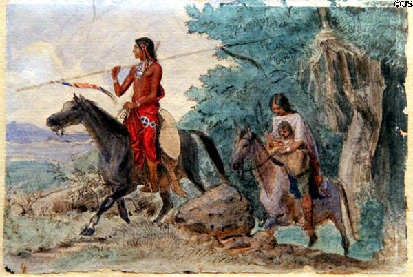 Plains Indian Family Emerging from Woods watercolor (c1851-7) by Friedrich Petri (lent: U/TX Austin) at Bullock Texas State History Museum. Austin, TX.