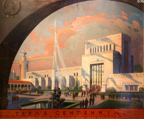 Texas Centennial Exposition Natural Resources Building promotional painting (1934) by Eugene Gilboe used to sell Dallas as site of expo though building design was not constructed at Bullock Texas State History Museum. Austin, TX.