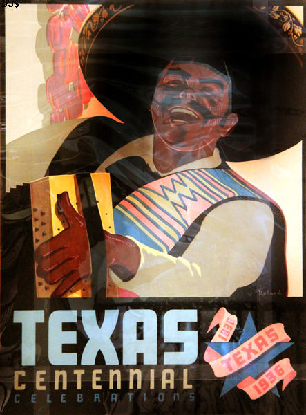Hispanic musician on Texas Centennial Exposition poster (1936) at Bullock Texas State History Museum. Austin, TX.