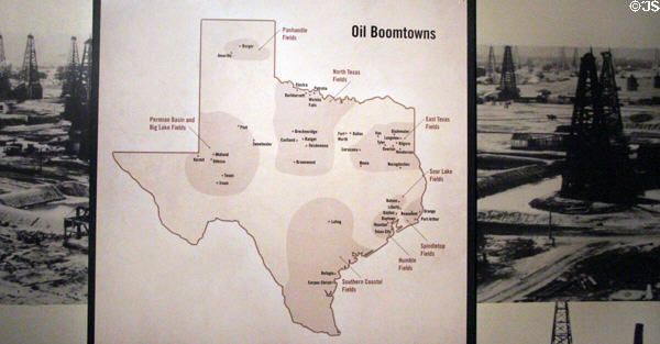 Map of Texas oil boomtowns at Bullock Texas State History Museum. Austin, TX.