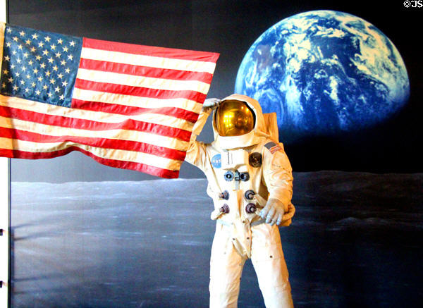 Scene of Astronaut saluting U.S. flag on moon landing (July 20, 1969) at Bullock Texas State History Museum. Austin, TX.