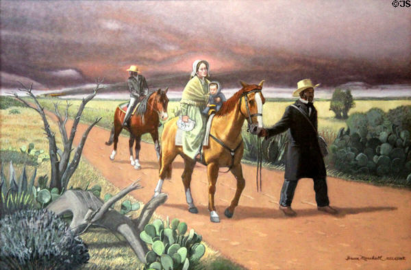 The Alamo Messengers painting by Bruce Marshall portrays massacre survivors at Susanna Dickinson Museum House. Austin, TX.