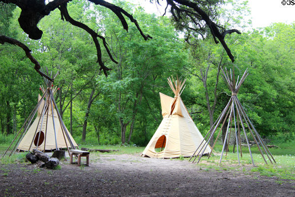 1841 Tonkawa native encampment with teepees at Pioneer Farms. Austin, TX.