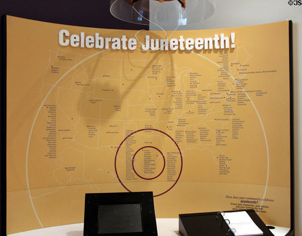 Juneteenth map shows cities which celebrate at George Washington Carver Museum. Austin, TX.