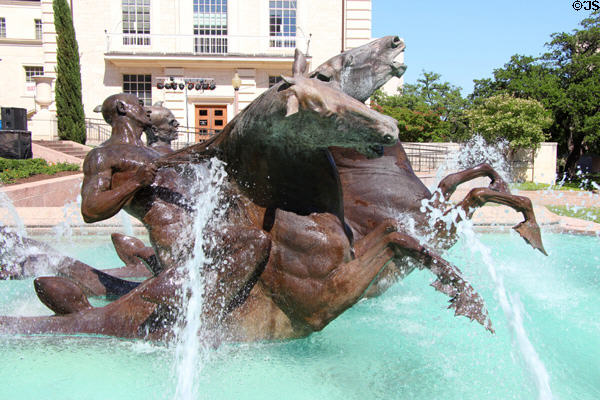Sculpted men riding seahorses on Littlefield Fountain at University of Texas. Austin, TX.