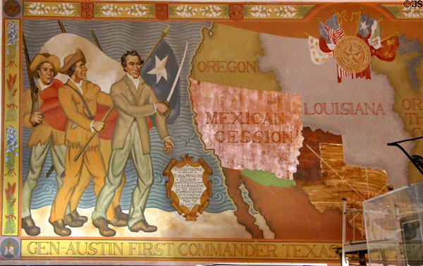 Detail of Gen. Austin & 1830s map of western North America on mural (1938) by James Buchanan Winn Jr. at Gonzales Historical Memorial. Gonzales, TX.