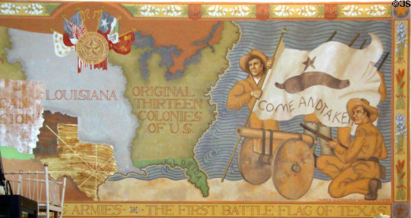 Detail of Gonzales men with canon plus Come and Take It flag & 1830s map of United States on mural (1938) by James Buchanan Winn Jr. at Gonzales Historical Memorial. Gonzales, TX.