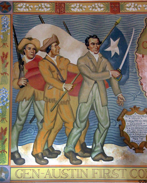 Detail of Gen. Austin on mural (1938) by James Buchanan Winn Jr. at Gonzales Historical Memorial. Gonzales, TX.